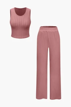 Basic Solid Knit Tank Top And High Waist Pants Set