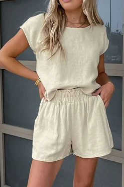 Basic Solid Linen Casual Shorts Set