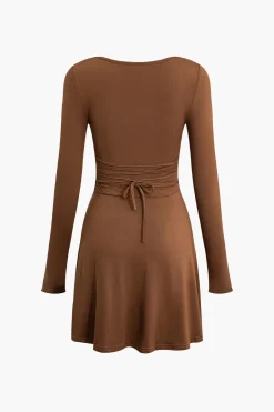 Basic Solid Long Sleeves U-Neck A-Line Mini Dress