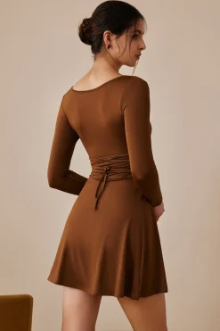 Basic Solid Long Sleeves U-Neck A-Line Mini Dress
