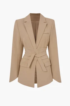 Basic Solid Notched Lapel Belted Blazer
