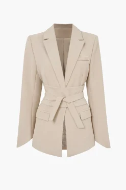 Basic Solid Notched Lapel Belted Blazer