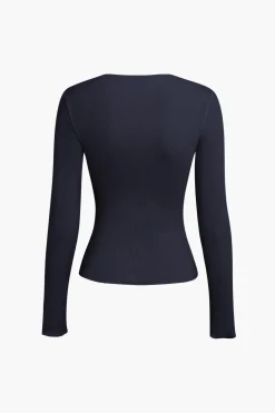 Basic Solid Round Neck Ribbed Long-Sleeve Top