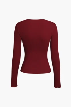 Basic Solid Round Neck Ribbed Long-Sleeve Top