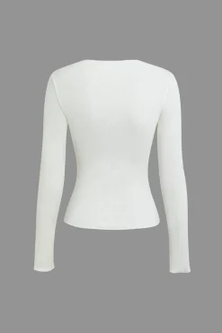 Basic Solid Round Neck Ribbed Long-Sleeve Top