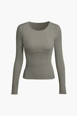 Basic Solid Round Neck Ribbed Long-Sleeve Top