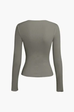 Basic Solid Round Neck Ribbed Long-Sleeve Top