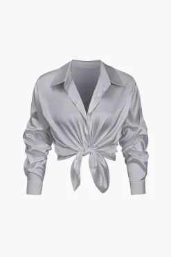 Basic Solid Satin Long-Sleeve Shirt