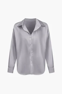 Basic Solid Satin Long-Sleeve Shirt