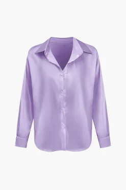 Basic Solid Satin Long-Sleeve Shirt