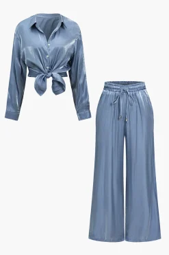 Basic Solid Shiny Shirt And Loose Trouser Set