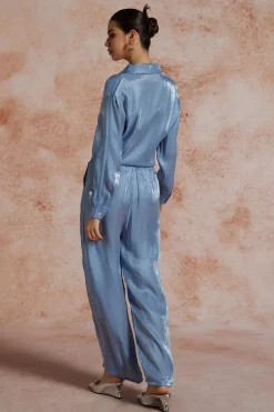 Basic Solid Shiny Shirt And Loose Trouser Set