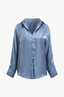 Basic Solid Shiny Shirt And Loose Trouser Set
