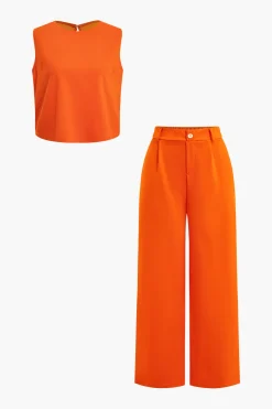 Basic Solid Sleeveless Top And Straight Leg Pants Set