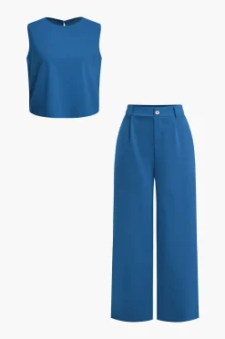Basic Solid Sleeveless Top And Straight Leg Pants Set