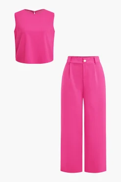 Basic Solid Sleeveless Top And Straight Leg Pants Set