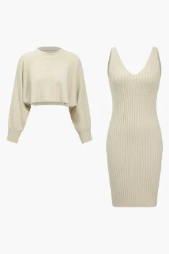 Basic Solid Sweater Top And Tank Dress Set