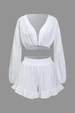 Basic Solid V-Neck Puff Sleeve Crop Top Two-Piece Set