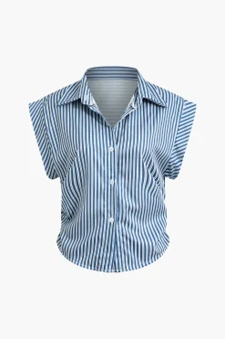 Basic Stripe Print Cap Sleeve Button Shirt