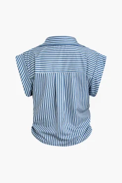 Basic Stripe Print Cap Sleeve Button Shirt