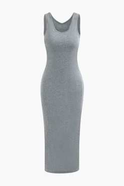Basic V-neck Sleeveless Maxi Dress And Hooded Crop Sweatshirt Set