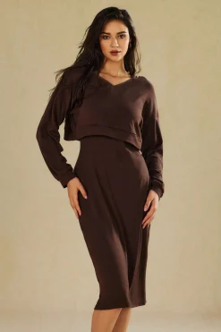 Basic V-neck Sleeveless Maxi Dress And Hooded Crop Sweatshirt Set