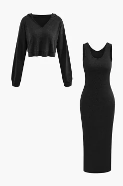 Basic V-neck Sleeveless Maxi Dress And Hooded Crop Sweatshirt Set