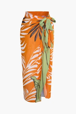 Bead Cut Out One Shoulder Swimsuit And Leaves Print Wrap Skirt Set