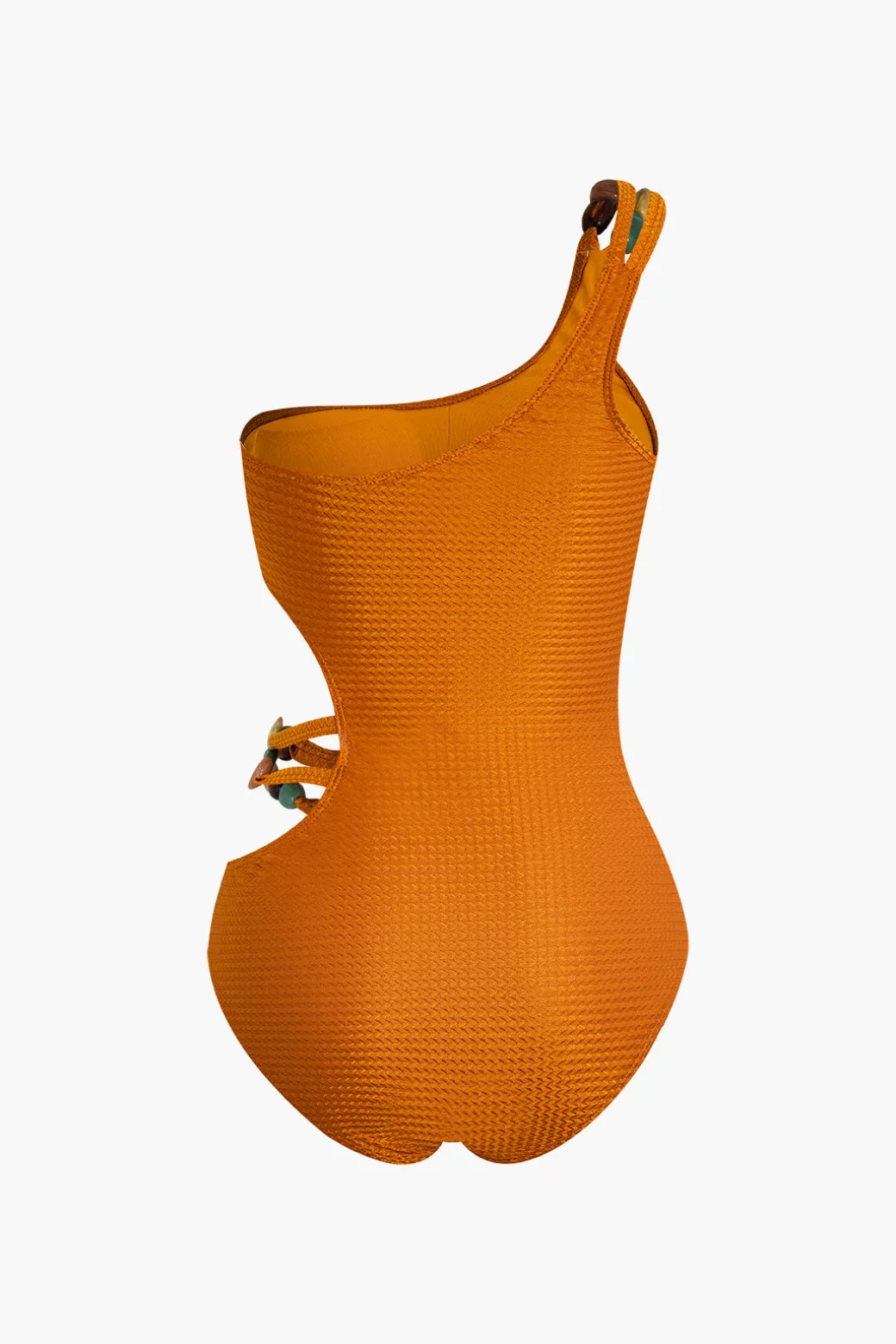 Bead Cut Out One Shoulder Swimsuit And Leaves Print Wrap Skirt Set