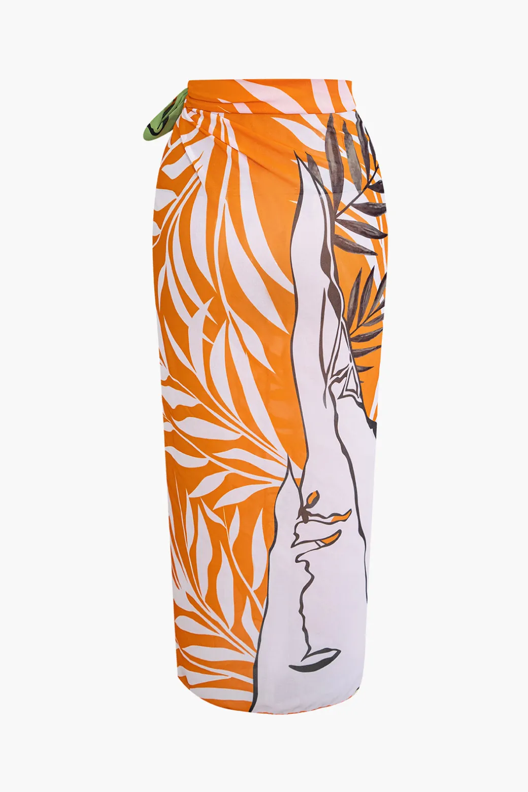Bead Cut Out One Shoulder Swimsuit And Leaves Print Wrap Skirt Set