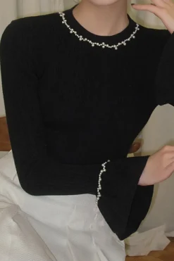 Beaded Round Neck Long-Sleeve Top