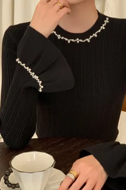 Beaded Round Neck Long-Sleeve Top
