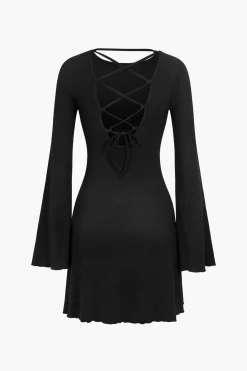 Bell Sleeve Back Lace Up Detail Mini Dress