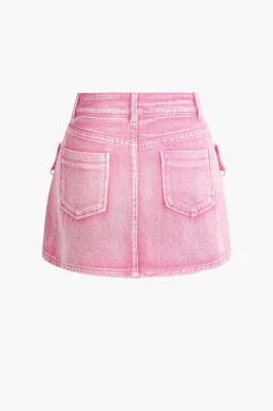 Belt Detail Flap Pocket Denim Mini Skirt