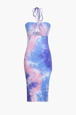 Blue Tie Dye Halter Neck Midi Dress