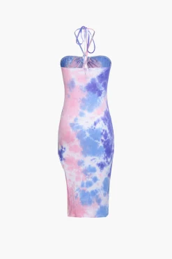 Blue Tie Dye Halter Neck Midi Dress