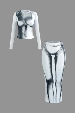 Body Print Long Sleeve Top And Maxi Skirt Set