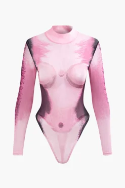 Body Print Mesh Long Sleeve Bodysuit