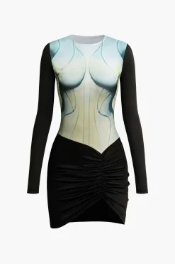 Body Print Round Neck Long Sleeve Ruched Mini Dress