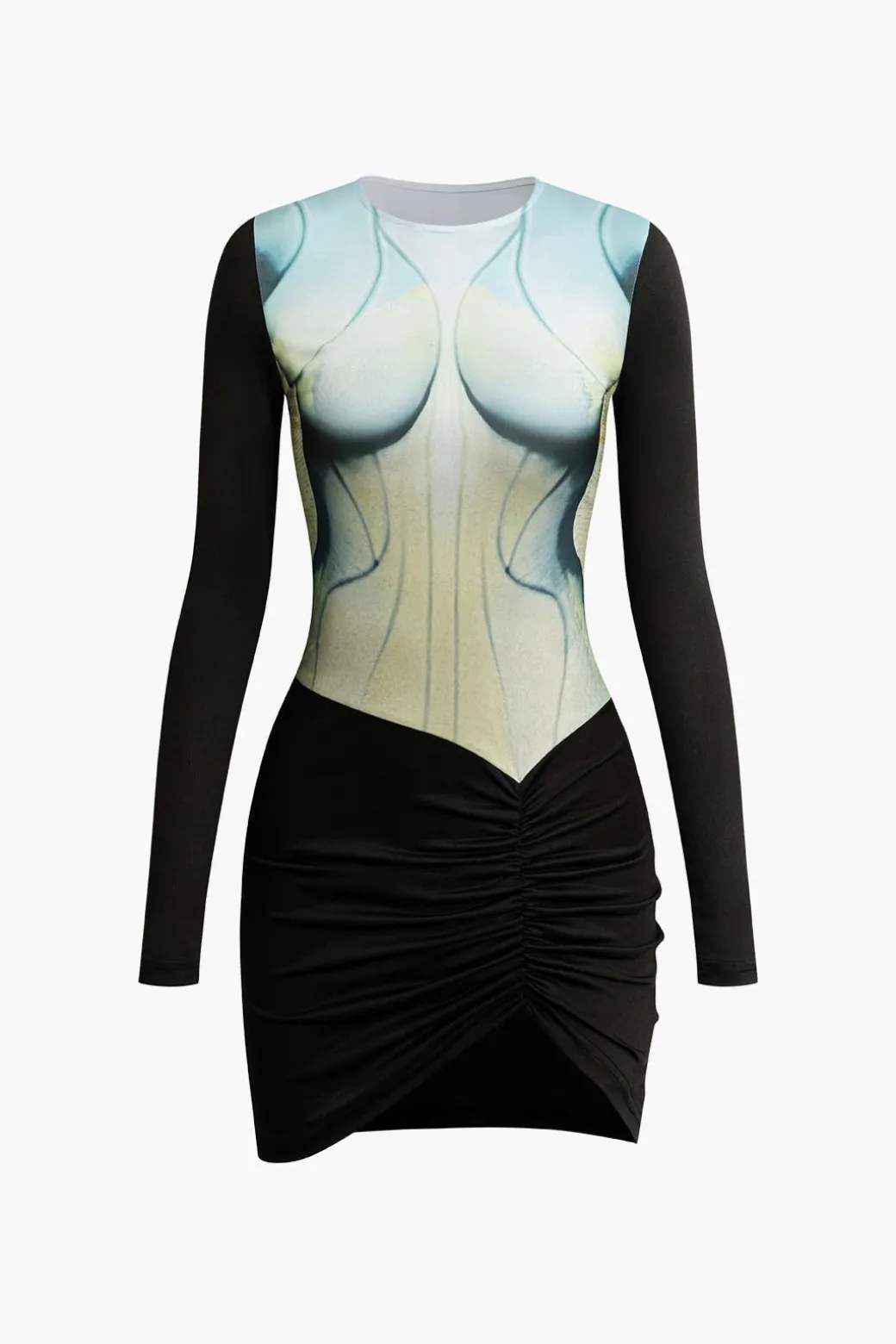 Body Print Round Neck Long Sleeve Ruched Mini Dress