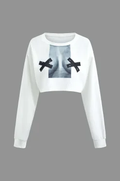 Body Print Round Neck Long Sleeve Crop Top