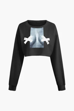 Body Print Round Neck Long Sleeve Crop Top