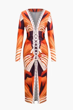 Bohemian Print V-Neck Long Sleeve Maxi Dress