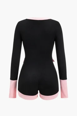 Botton Patchwork Long Sleeve Romper