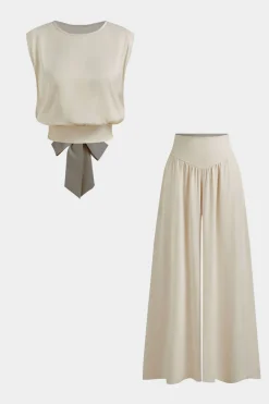 Bow Back Round Neck Short Sleeve Top And Wide Leg Pants Set