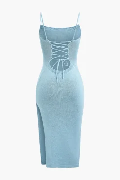 Braided Tie Slip Slit Knit Midi Dress