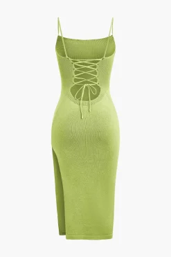 Braided Tie Slip Slit Knit Midi Dress
