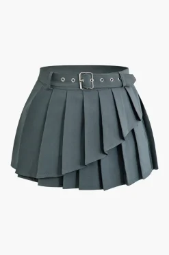 Buckle Layer Pleated Mini Skirt