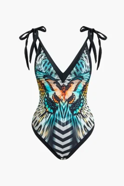 Butterfly Pattern Tummy Control One-Piece Swimsuit And Cover Up Set