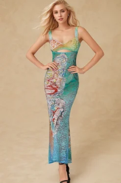 Butterfly Print Cut Out Mesh Strap Maxi Dress